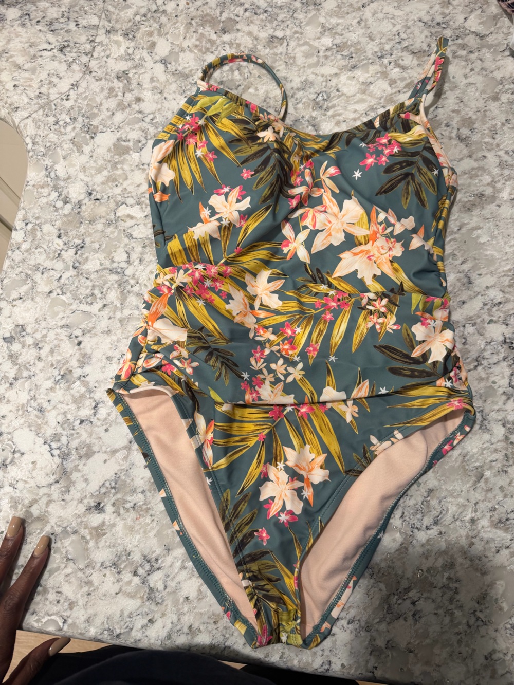 Kona Sol Teal Floral One-Piece Swimsuit with Yellow and Pink Accents